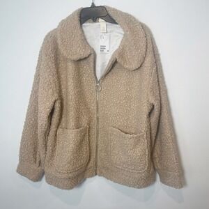 H&M Womens Long Sleeve Fleece Full Zip Sherpa Jacket Brown M Pockets Teddy Bear